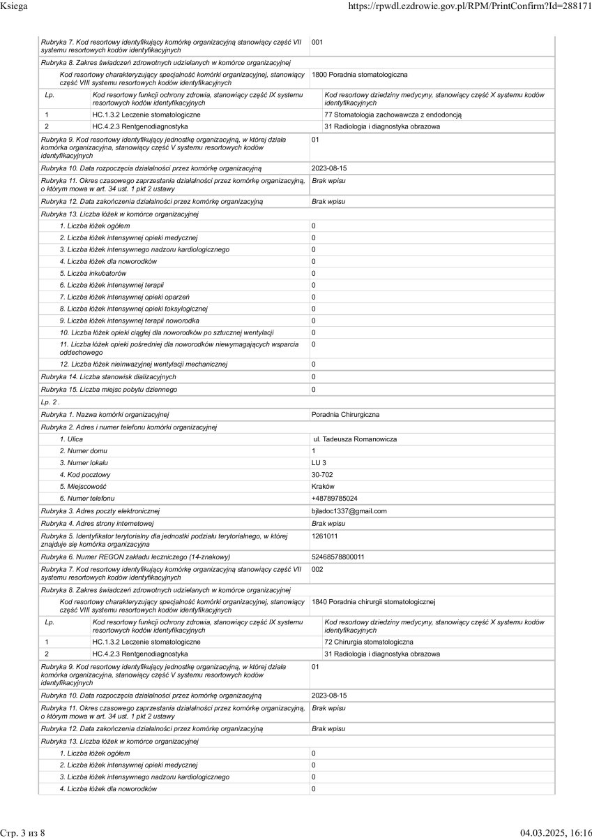 وثيقة تسجيل العيادة لـ Dental Clinic Dynasty Stomatology في كراكوف، بولندا، 2023