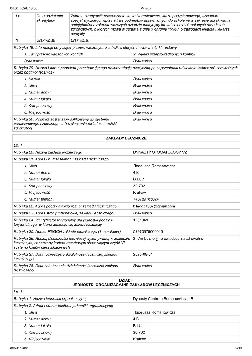 وثيقة تسجيل عيادة Dental Clinic Dynasty Stomatology في كراكوف، بولندا، 2026