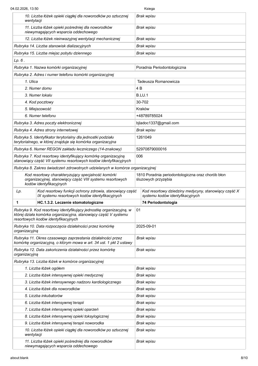وثيقة تسجيل عيادة أمراض اللثة، Dental Clinic Dynasty Stomatology في كراكوف، 2026