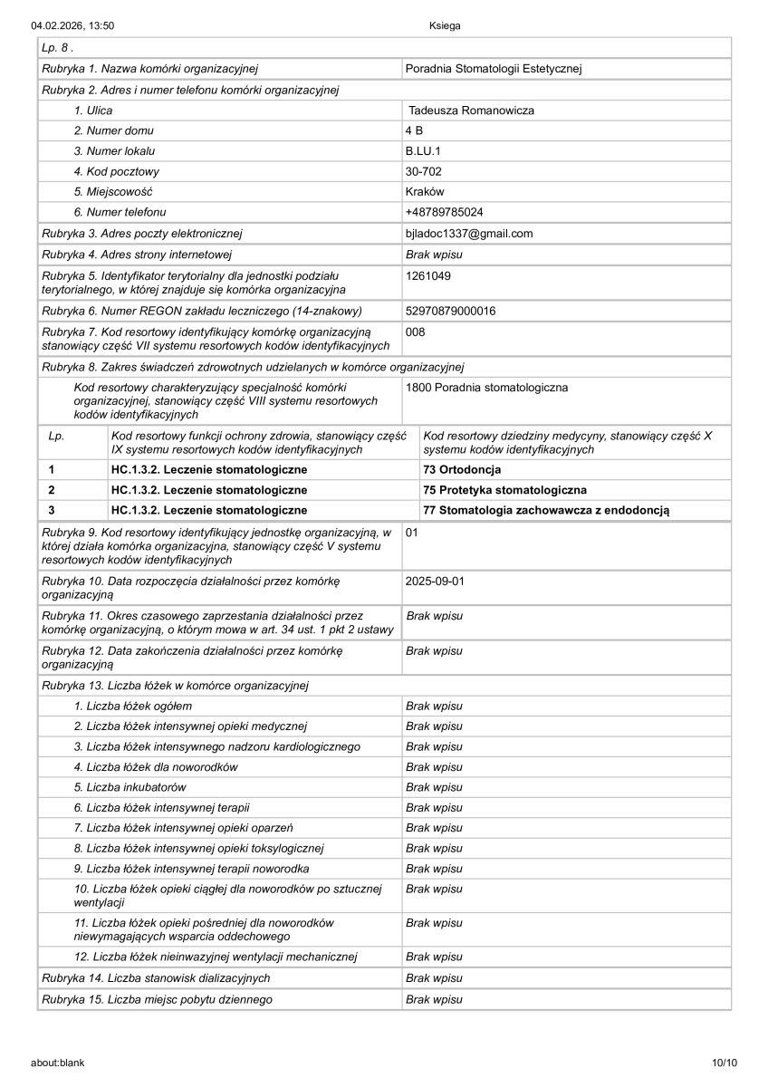 وثيقة تسجيل عيادة Dental Clinic Dynasty Stomatology في كراكوف، 2026