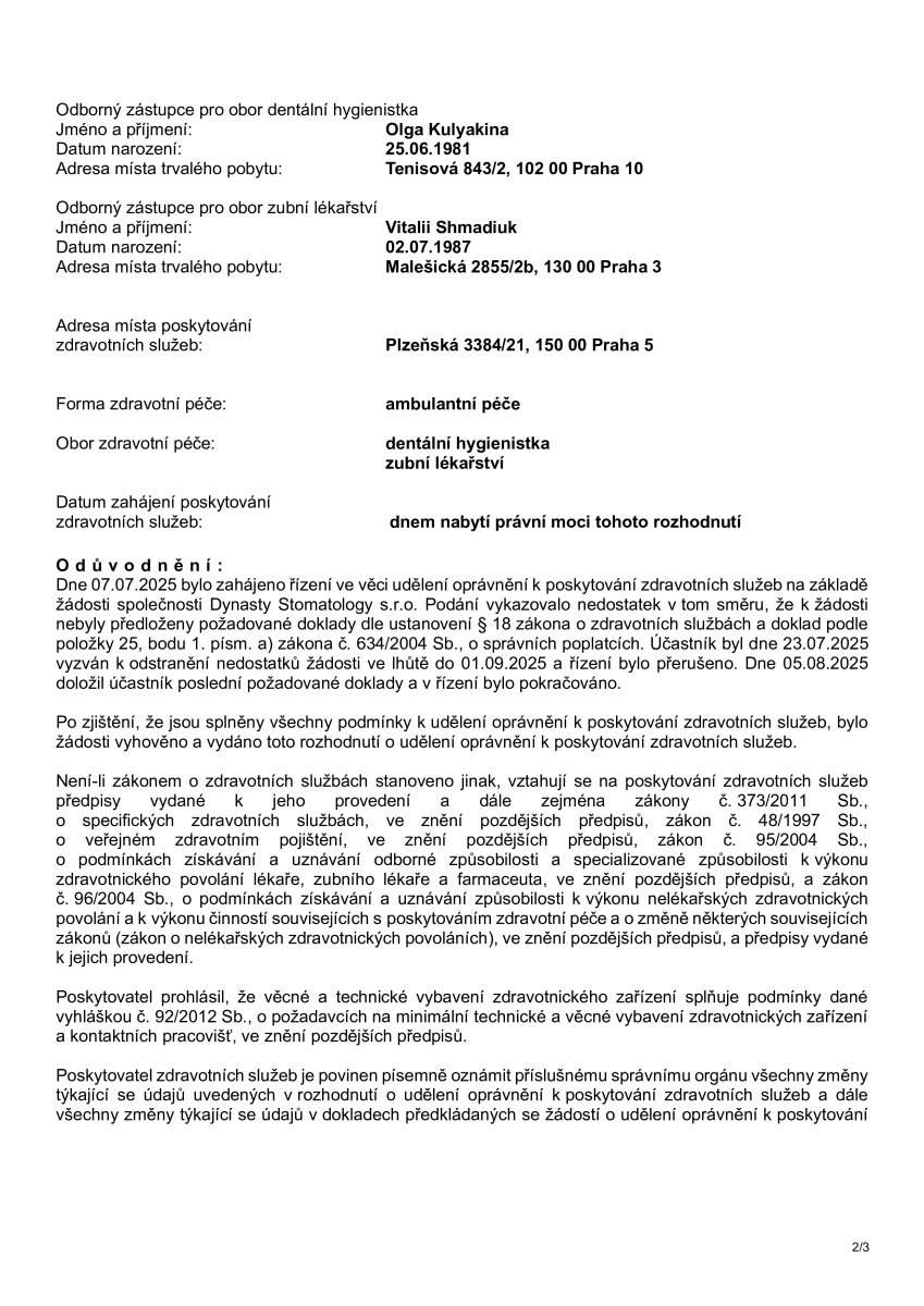 تصريح لخدمات طب الأسنان ونظافة الأسنان، Dynasty Stomatology، براغ، 2025