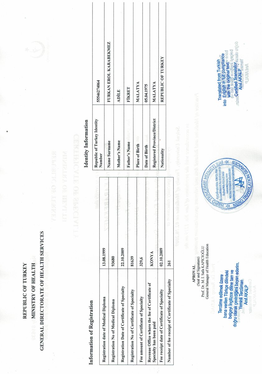 Registro de diploma médico para Prof. Dr. Furkan Karabekmez, Ankara, Turquía, Ministerio de Salud