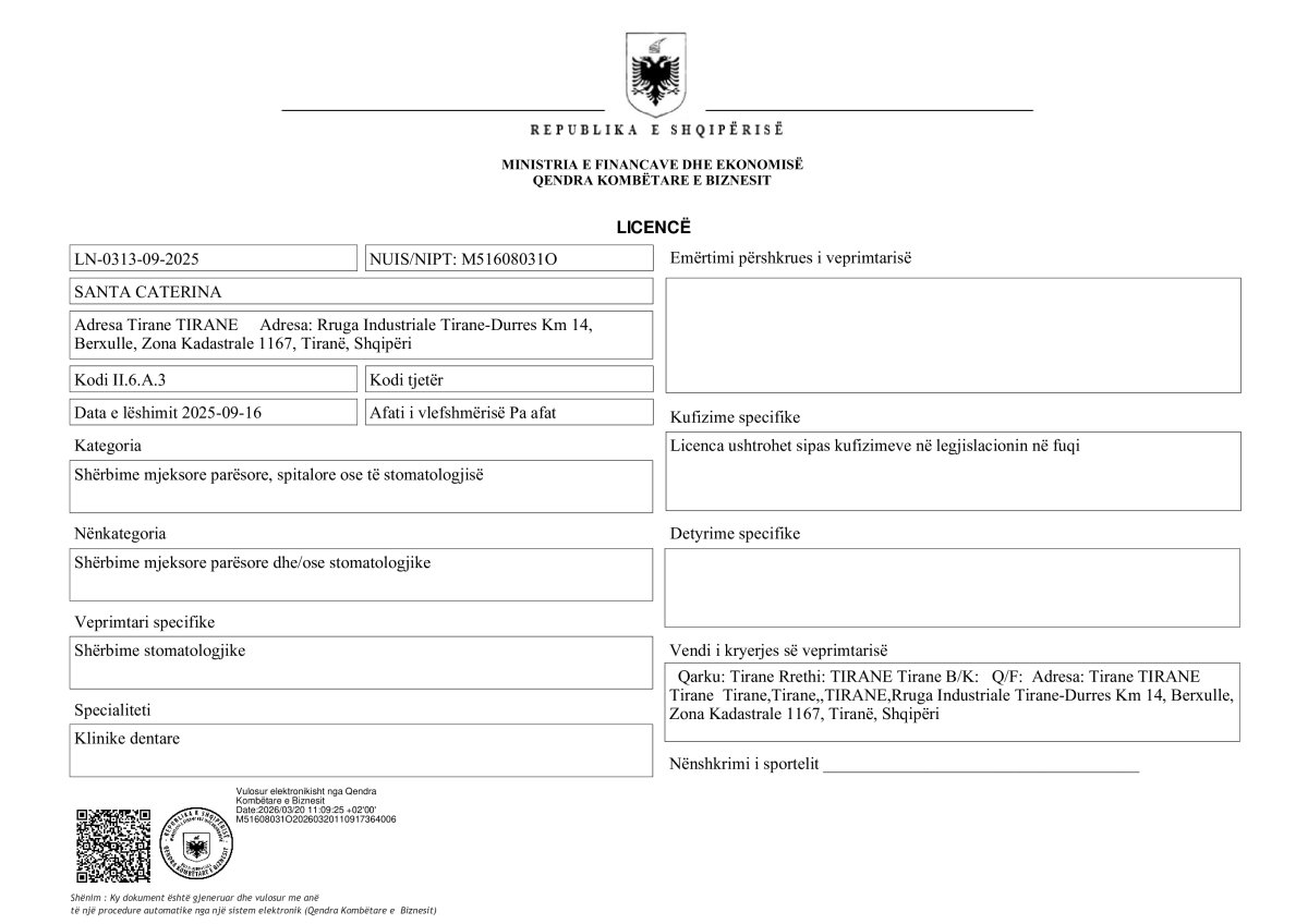 رخصة عيادة Santa Caterina Clinic Dental & Aesthetic Medicine صادرة من ألبانيا، 2025