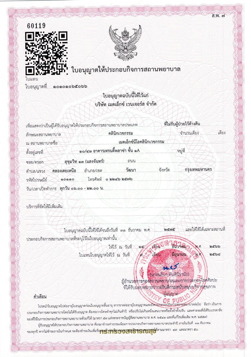 Licencia de clínica para MedEx Neo Clinic (Asoke – Nana Main Branch) emitida por el Ministerio de Salud de Tailandia, 2022