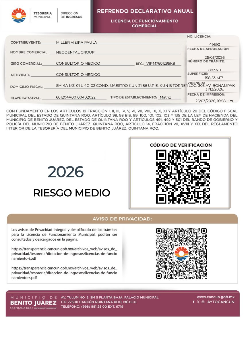 رخصة تجارية لعيادة Neodental Group الطبية، بينيتو خواريز، المكسيك، 2026