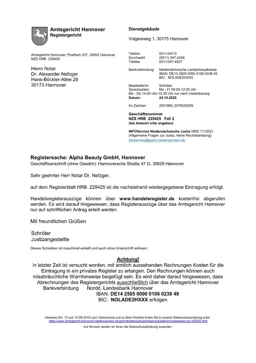 مقتطف من السجل التجاري لـ Alpha Beauty & Aesthetics: Haartransplantation in Hannover، محكمة هانوفر، 2025