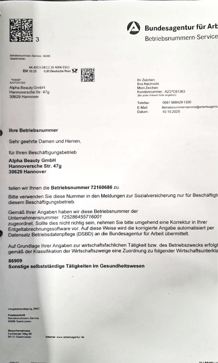 شهادة تسجيل الأعمال لـ Alpha Beauty & Aesthetics: Haartransplantation in Hannover صادرة عن Bundesagentur für Arbeit، ألمانيا، 2025