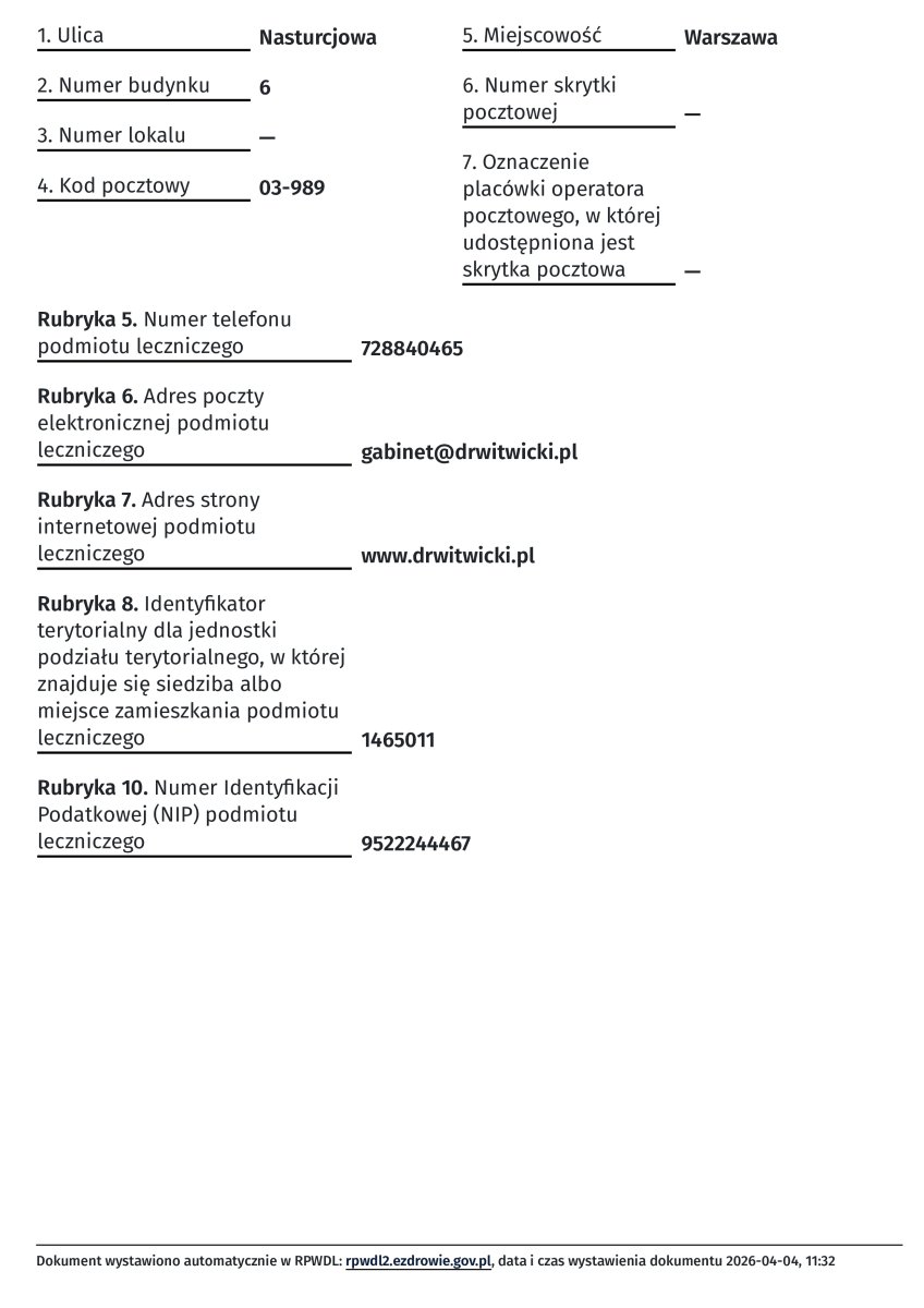 Documento de registro de la clínica Artisan Clinic, Varsovia, Polonia, 2026
