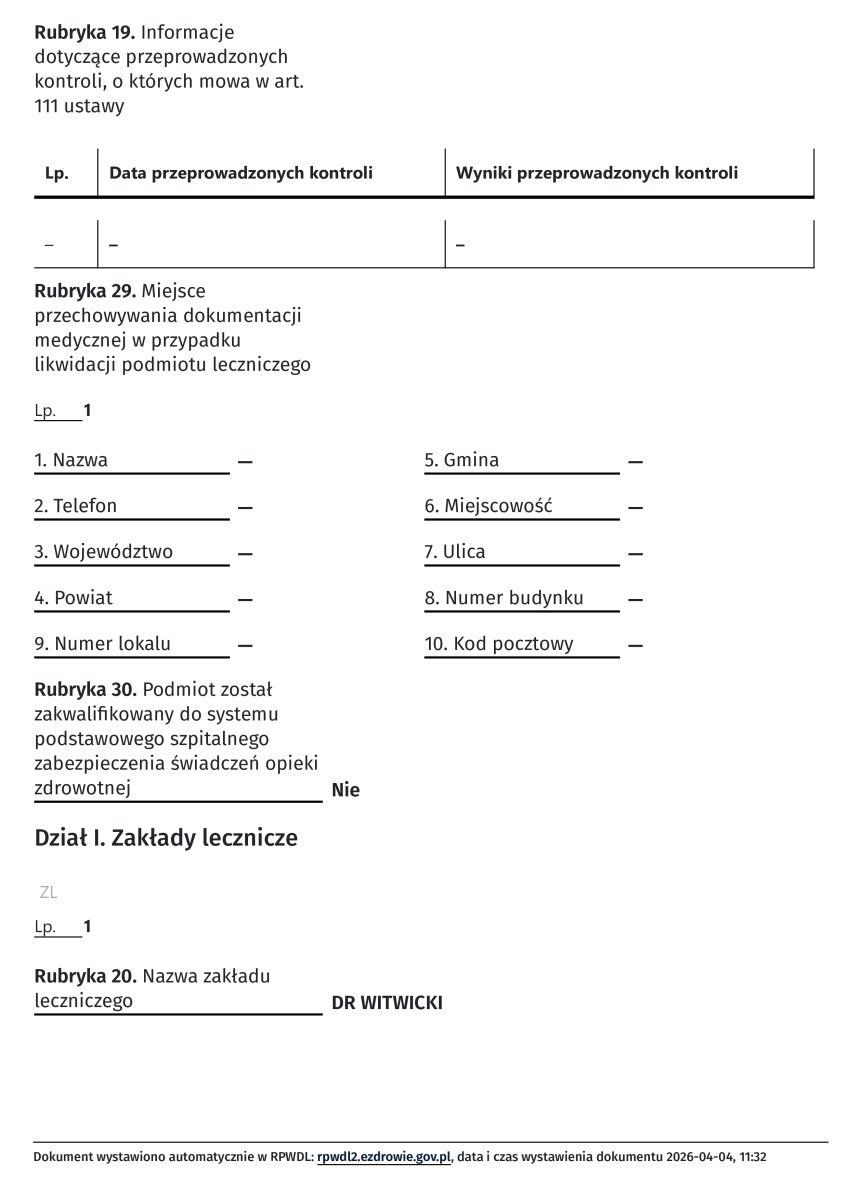 Documento de registro de clínica Artisan Clinic DR WITWICKI, Polonia, 2026