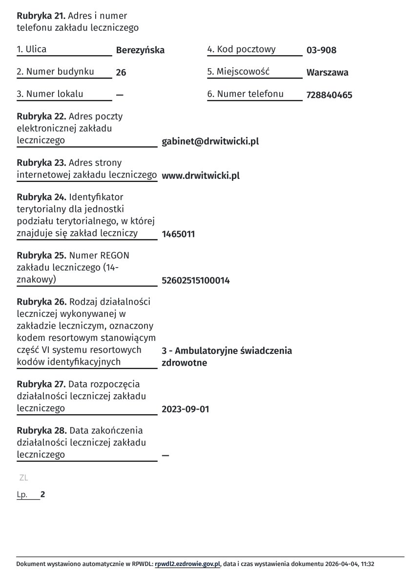 Documento de registro de la clínica Artisan Clinic, Varsovia, Polonia, 2023