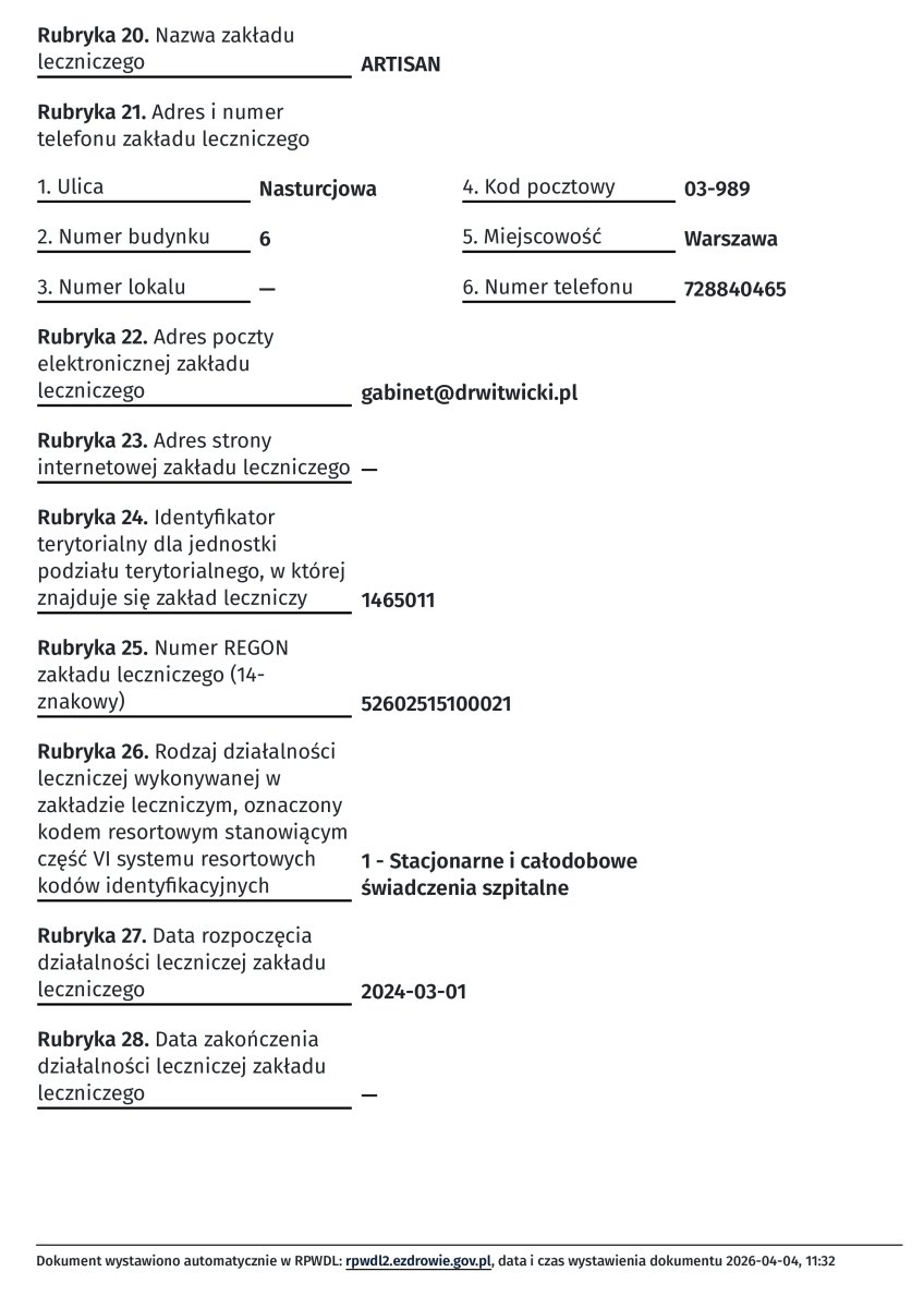 Documento de registro de la clínica Artisan Clinic, Varsovia, Polonia, 2024