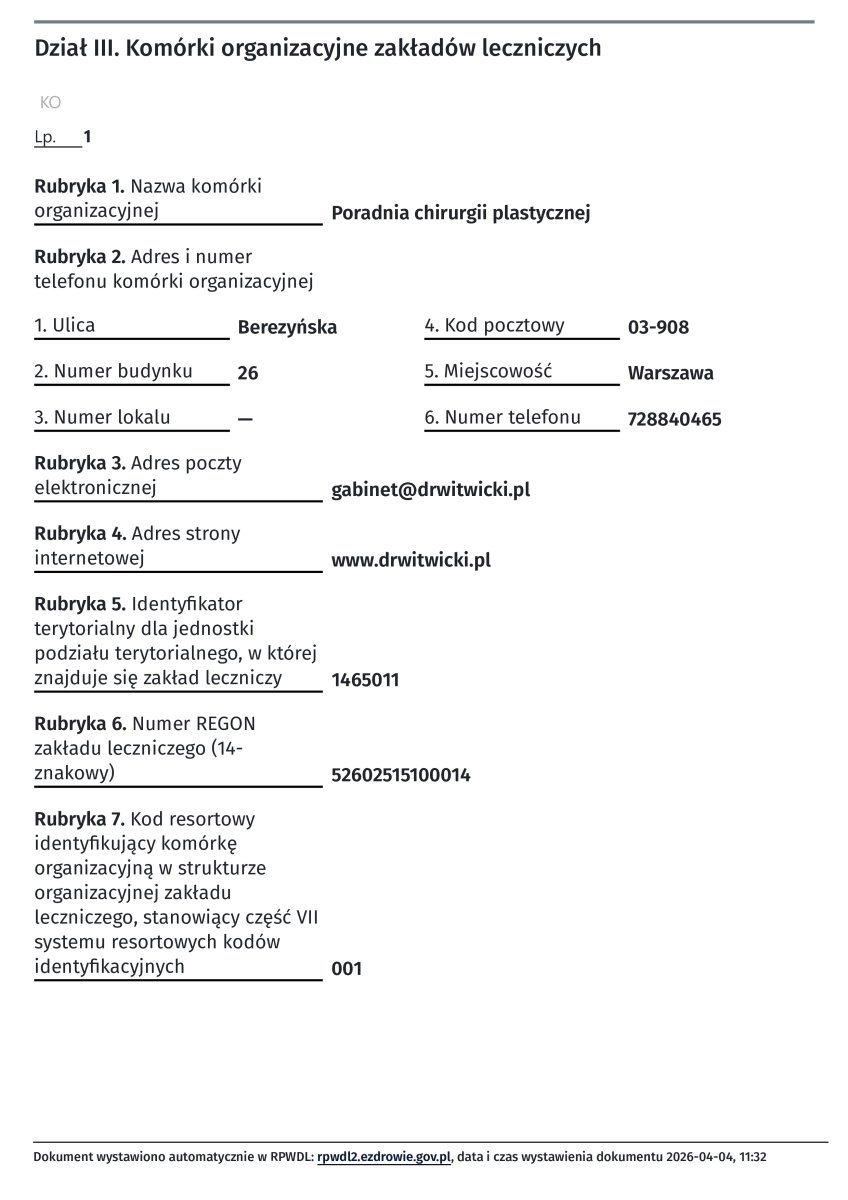 Documento de registro de la clínica Artisan Clinic, Varsovia, Polonia, 2026