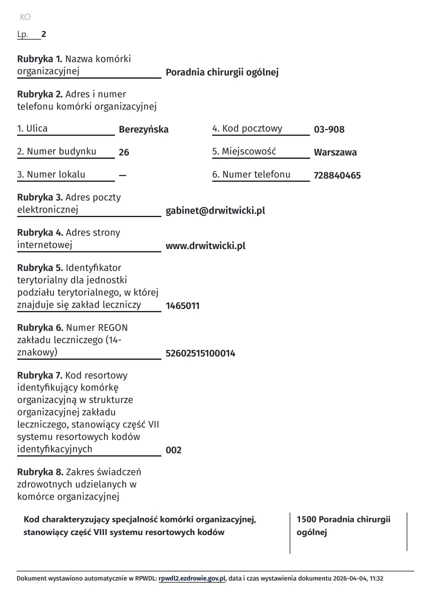 Documento de registro de clínica de cirugía general de Artisan Clinic, Varsovia, 2026