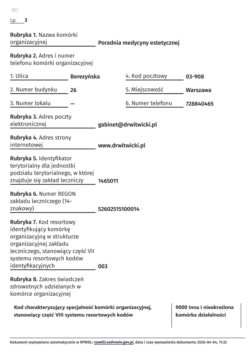 Documento de registro de la clínica Poradnia Medycyny Estetycznej, Varsovia, 2026