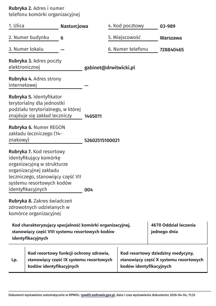 Documento de registro de la clínica Artisan Clinic, Varsovia, Polonia, 2026