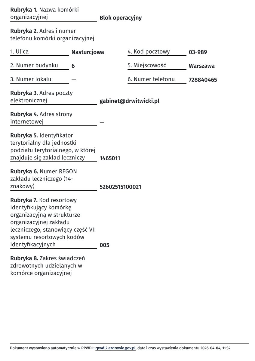 Documento de registro de bloque quirúrgico de Artisan Clinic, Varsovia, 2026