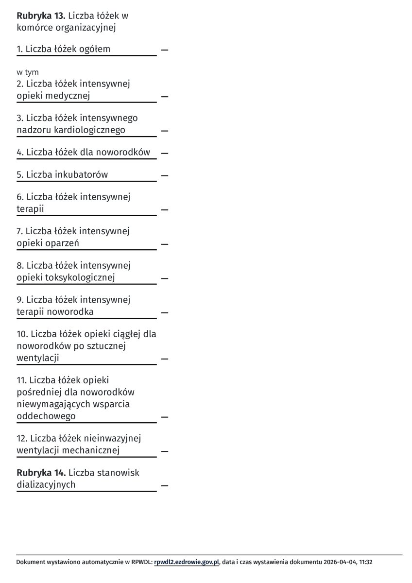 Formulario de recuento de camas hospitalarias de Artisan Clinic, Polonia, 2026