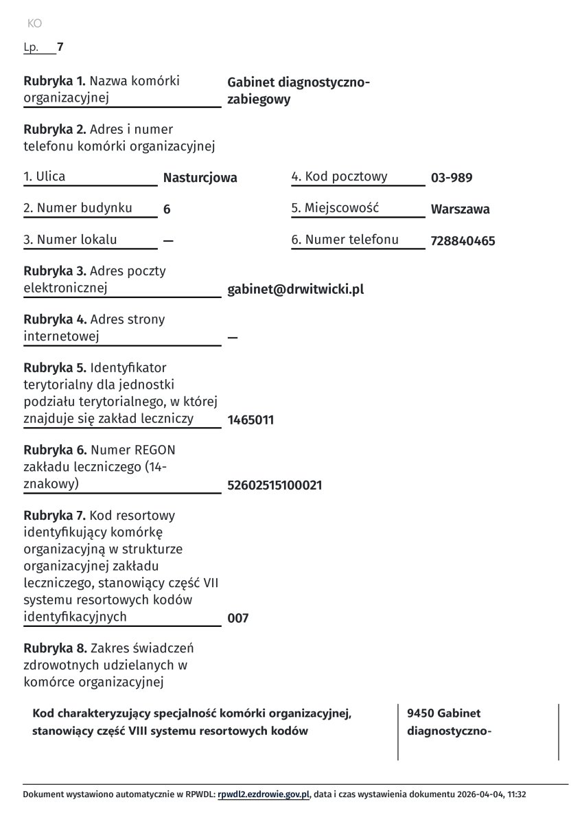 Documento de registro de la clínica Gabinet diagnostyczno-zabiegowy, Varsovia, Polonia