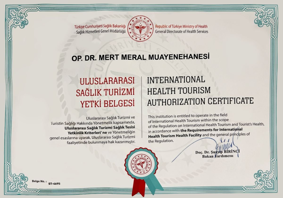 Certificado de autorización de turismo médico internacional para cirugía plástica Mert Meral, Turquía