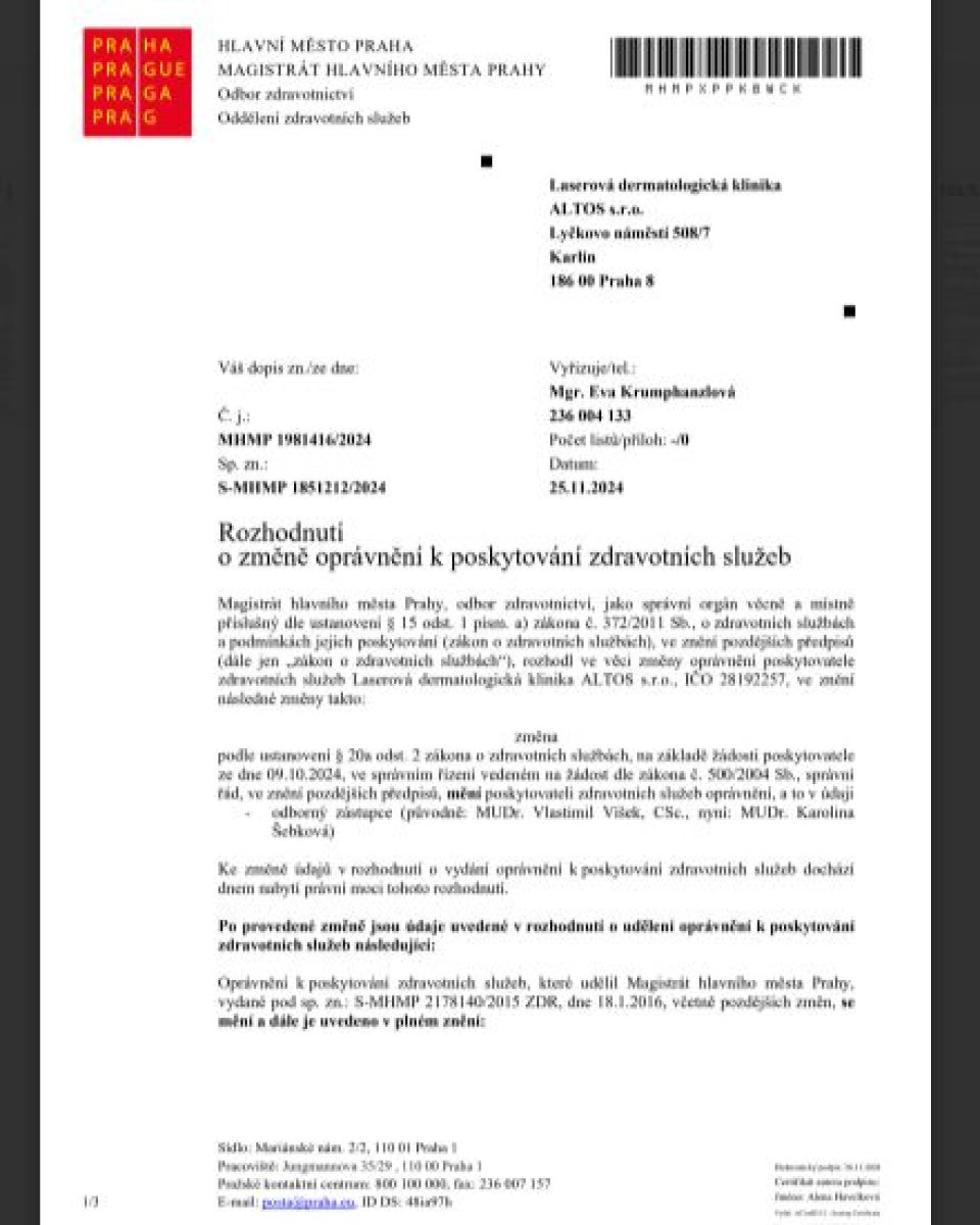 Enmienda de licencia de servicios de salud para Altos Clinic, Praga, emitida en 2024