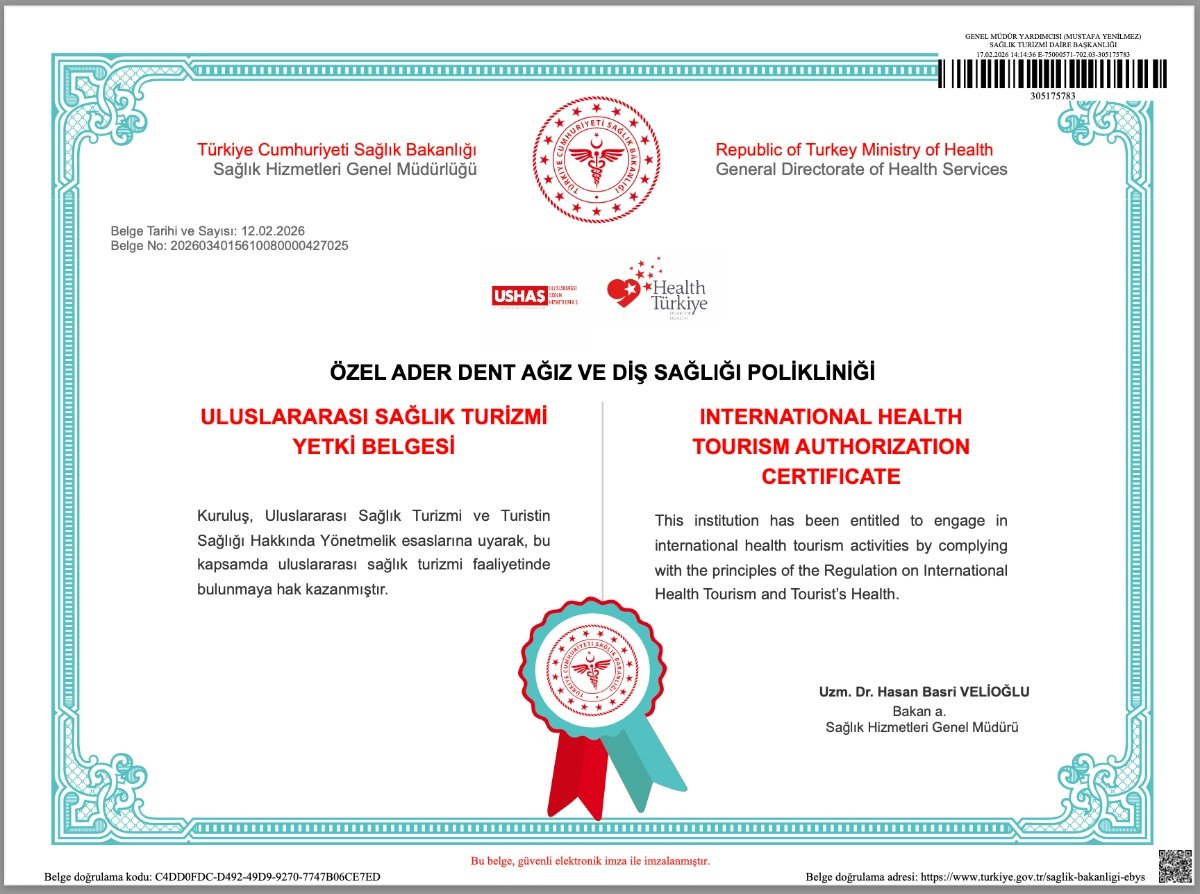 شهادة ترخيص السياحة العلاجية الدولية لـ Ader Dent (Aderdent) Oral and Dental Health Polyclinic، تركيا، 2026