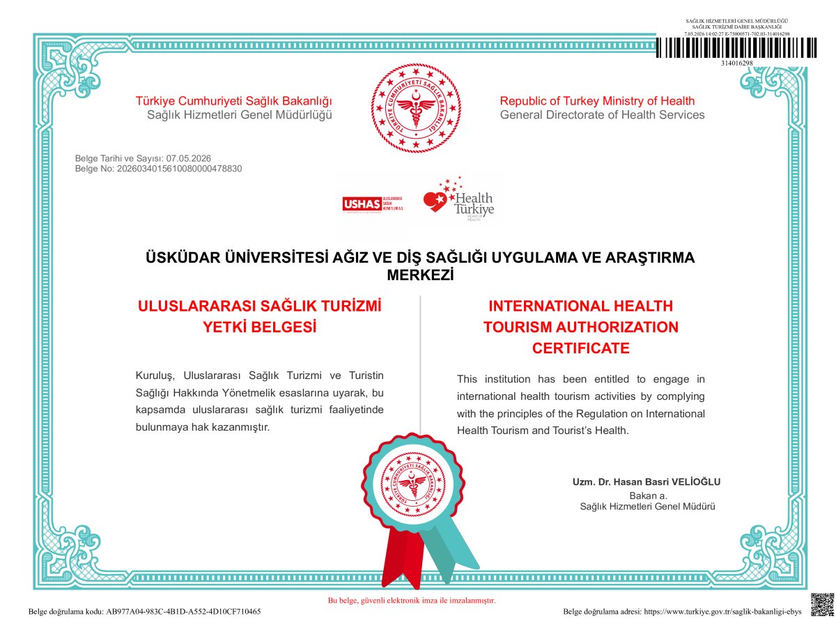 شهادة تفويض السياحة الصحية الدولية لمستشفى طب الأسنان بجامعة أسكودار، تركيا، 2026