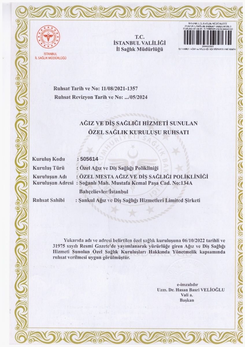 Licencia clínica de Mesta Dent emitida por la Dirección de Salud de Estambul, Turquía, 2021