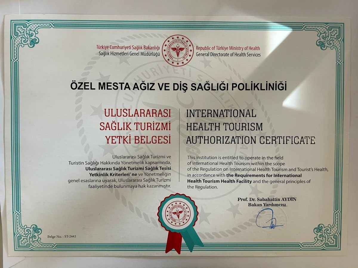 Certificado de autorización de turismo médico internacional para Mesta Dent, Ministerio de Salud de Turquía