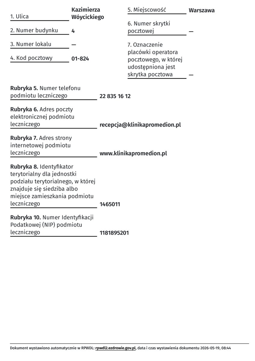 Documento de registro de la clínica Klinika Promedion, Varsovia, Polonia, 2026