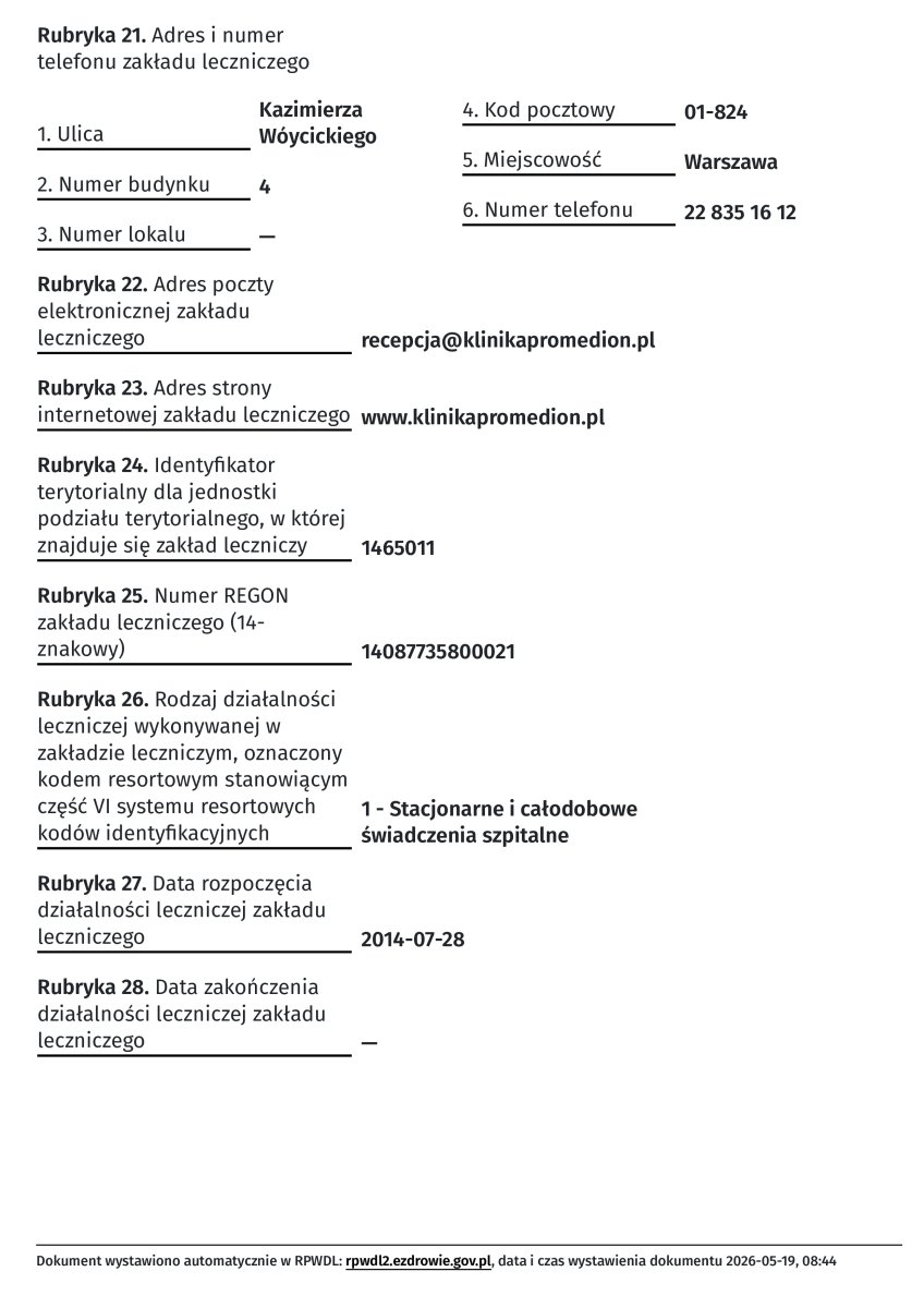 Registro de actividad médica de Klinika Promedion, Varsovia, Polonia, 2014
