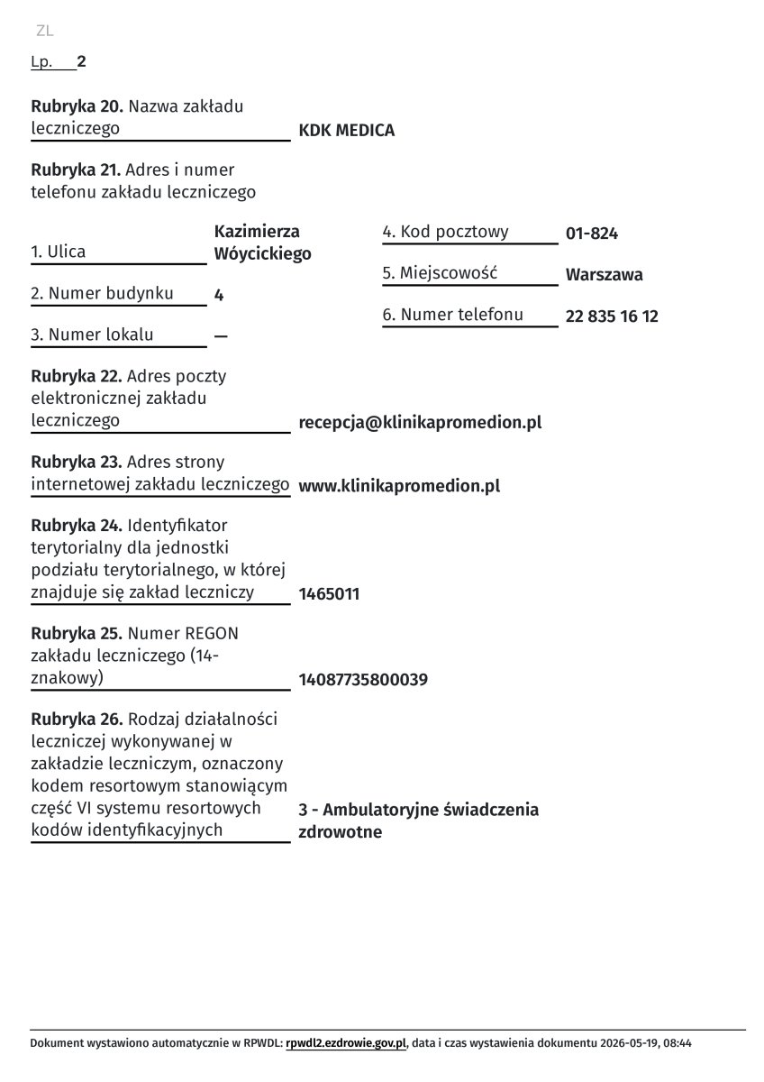 Documento de registro de la clínica Klinika Promedion, Varsovia, Polonia, 2026