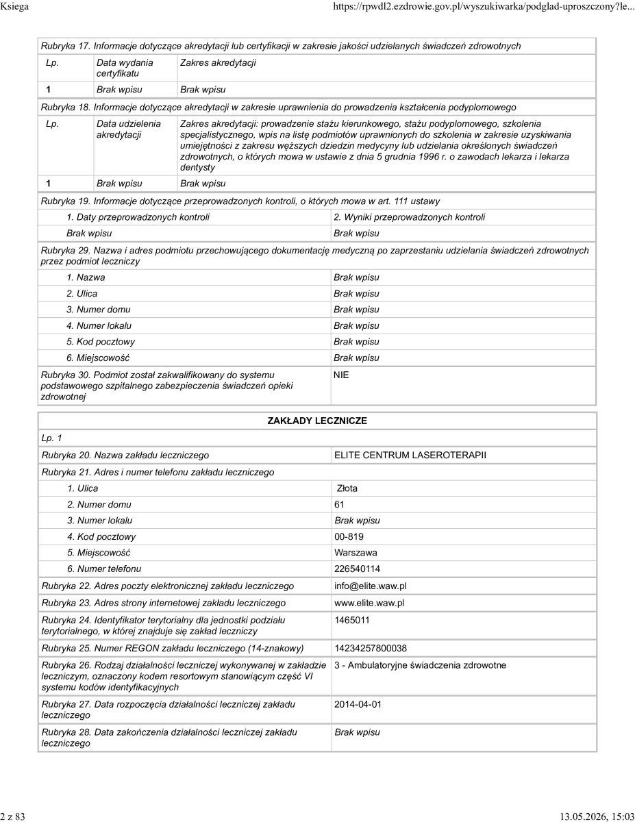 وثيقة تسجيل العيادة Elite Centrum Laseroterapii، وارسو، بولندا، 2014