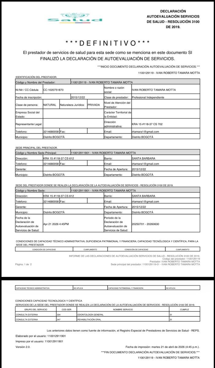 Declaración de autoevaluación de salud para Smile Atelier by Dr. Roberto Támara Dental Clinic, Bogotá, 2026