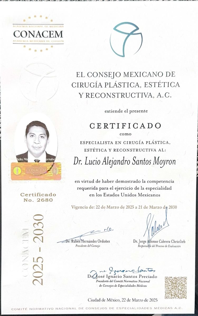 شهادة اختصاصي جراحة تجميل للدكتور Lucio Alejandro Santos Moyron، المكسيك، 2025-2030