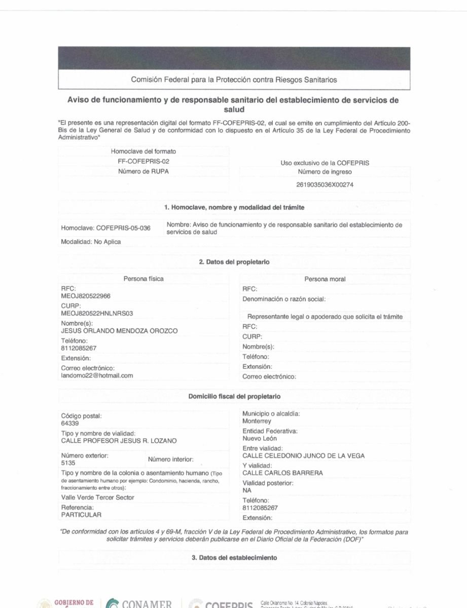 تصريح تشغيل صحي من COFEPRIS لـ CellsClinic، مونتيري، المكسيك