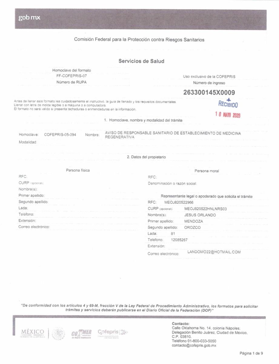 تصريح الطب التجديدي من COFEPRIS لـ CellsClinic، المكسيك، 2023
