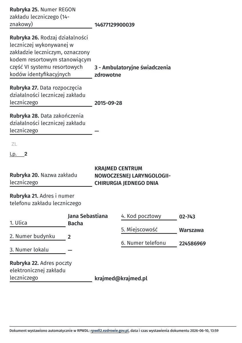 وثيقة تسجيل عيادة Krajmed Medical Center، وارسو، 2015
