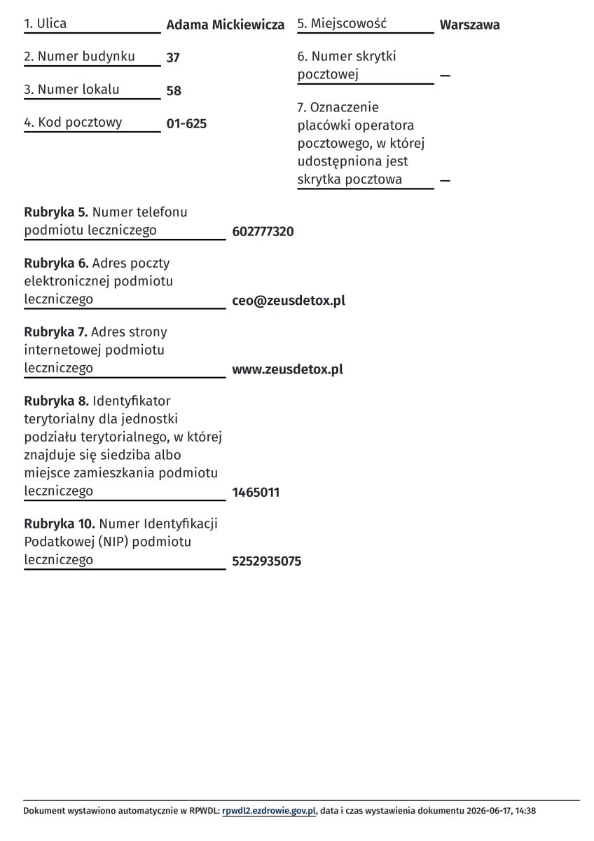 Documento de registro de clínica de Zeus Detox & Rehab Addiction and Mental Health Center, Varsovia, 2026