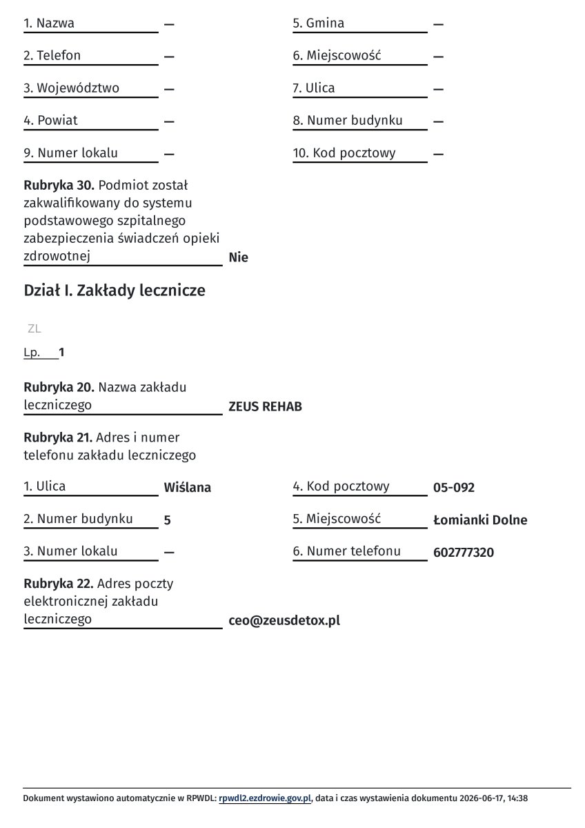 Documento de registro de la clínica Zeus Detox & Rehab Addiction and Mental Health Center, Łomianki Dolne, Polonia