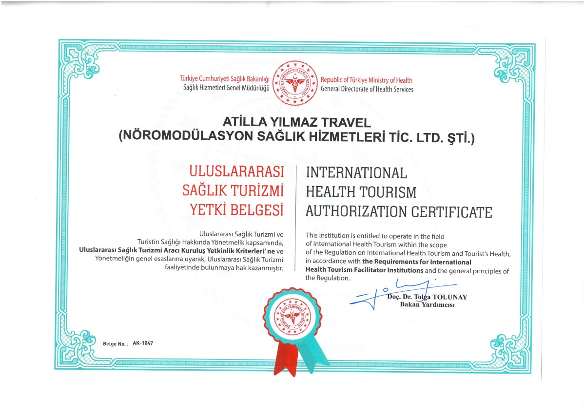 شهادة ترخيص السياحة العلاجية الدولية لـ Neuromodulation Healthcare، تركيا