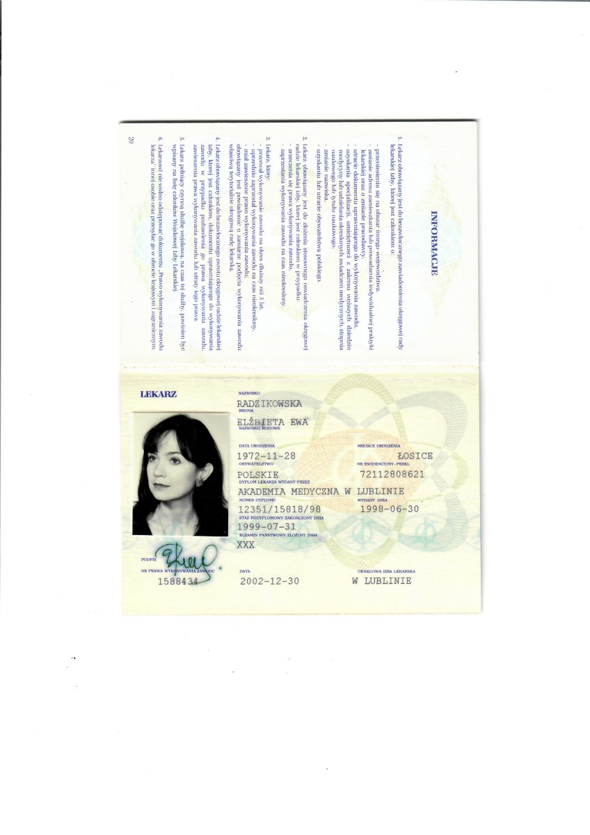 Diploma médico para la Dra. Elzbieta Ewa Radzikowska, Academia Médica de Lublin, 1999
