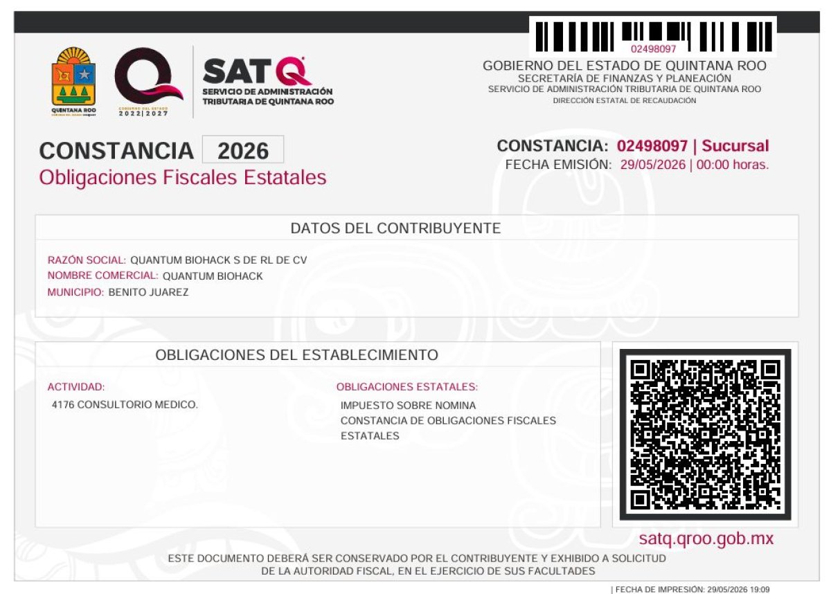 Certificado de obligaciones fiscales estatales de Quantum Biohack Regenerative Medicine Clinic, Quintana Roo, 2026