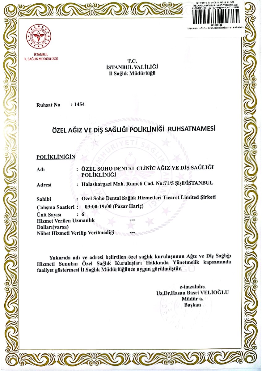 Licencia de clínica para Soho Dental Clinic – All-on-X & Dental Implant Center emitida por la Dirección de Salud de Estambul, Turquía