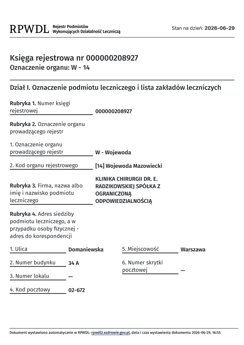 Certificado de registro de clínica Radzikowska Clinic, Mazowieckie, Polonia, 2026