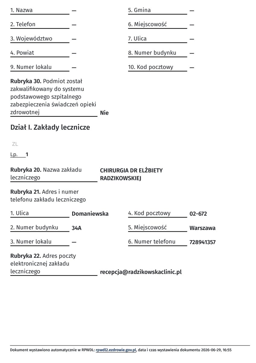 Documento de registro de la clínica Radzikowska Clinic, Varsovia, Polonia, 2026