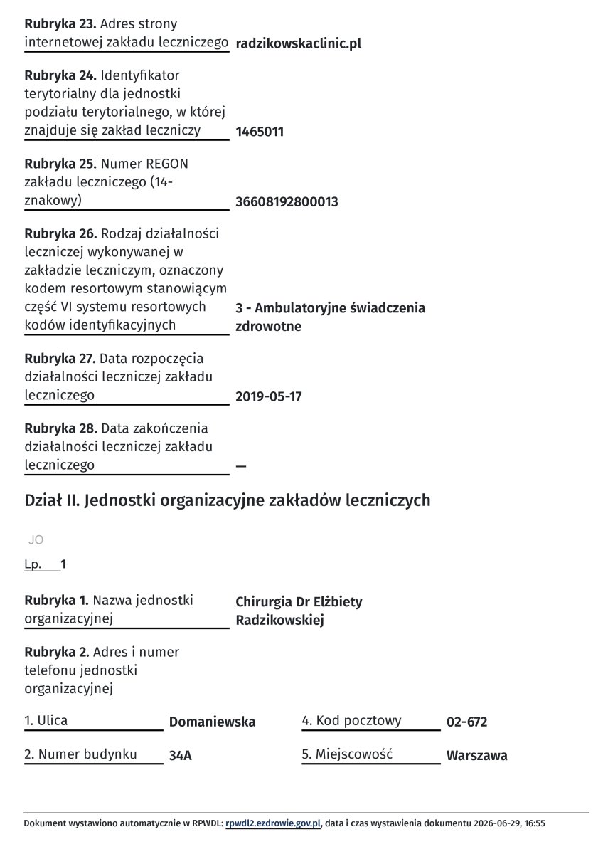 Documento de registro de la clínica Radzikowska Clinic, Varsovia, emitido en 2026