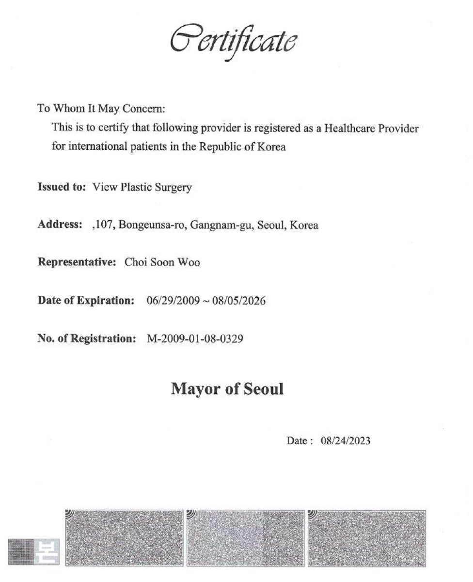 Certificado de proveedor de salud para View Plastic Surgery, Seúl, emitido por el alcalde de Seúl, 2023