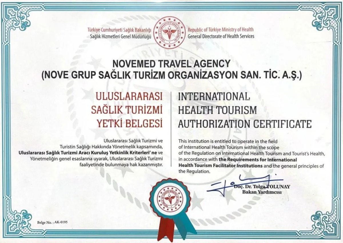Certificado de autorización de turismo médico internacional para Novemed Travel Agency, Turquía