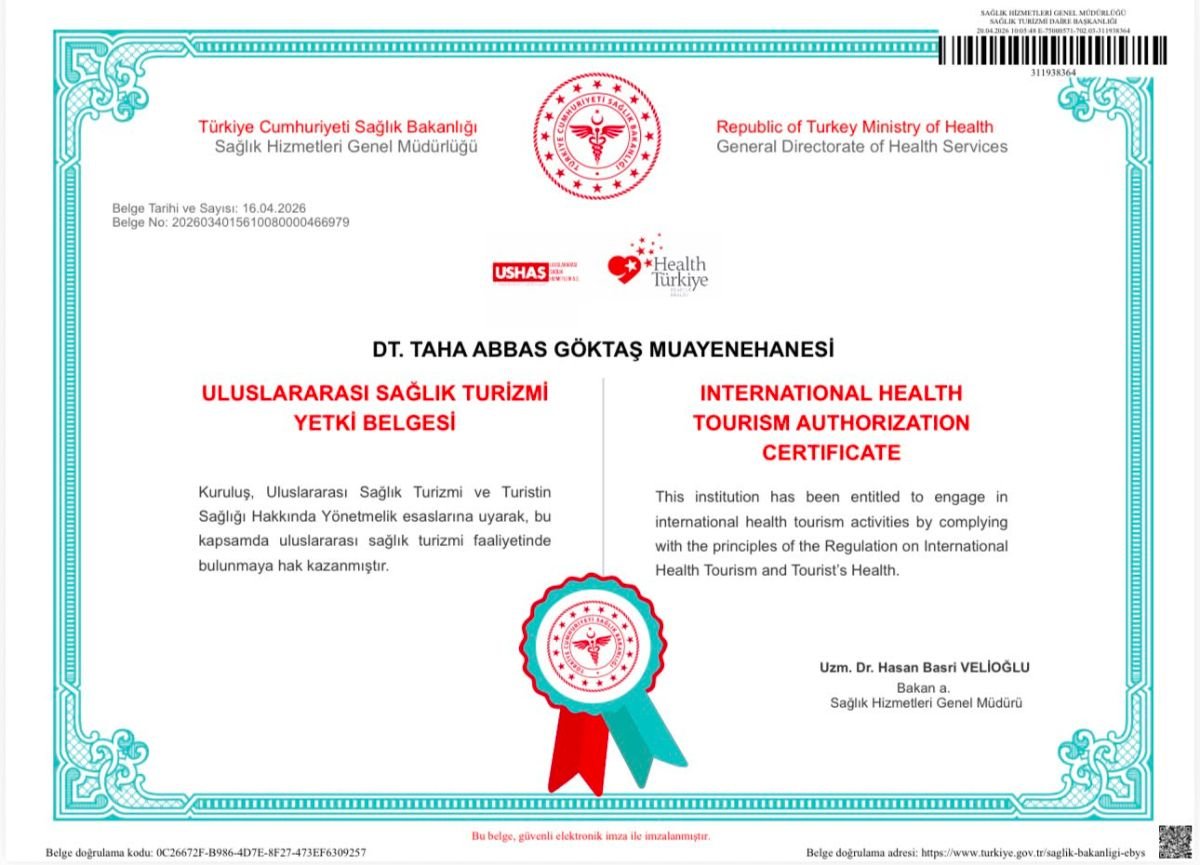 شهادة ترخيص السياحة العلاجية الدولية لـ All On Dental Istanbul، تركيا، 2026