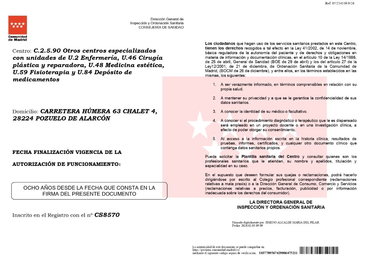 رخصة تشغيل عيادة Clinica Granado Tiagonce، مدريد، صادرة عن Comunidad de Madrid